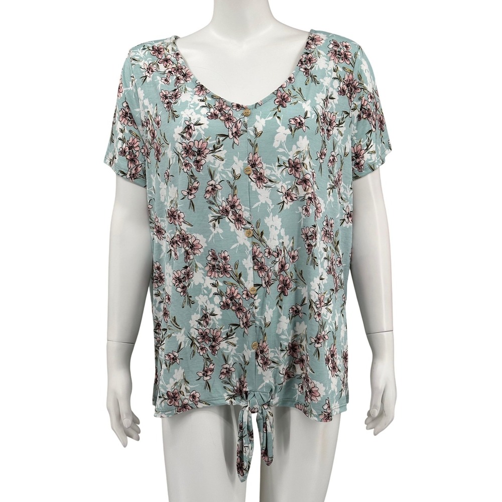 Late August Top Women 2X Blue Floral Tie Front Sheer Lightweight Spring Feminine